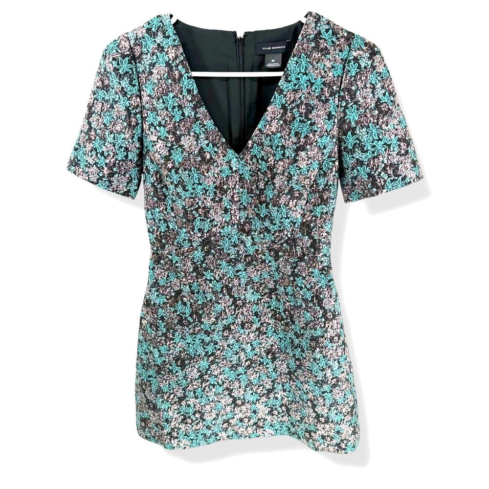 Club Monaco Metallic Brocade Mini Dress Size 00 Teal Silver Party Glam - Picture 3 of 14